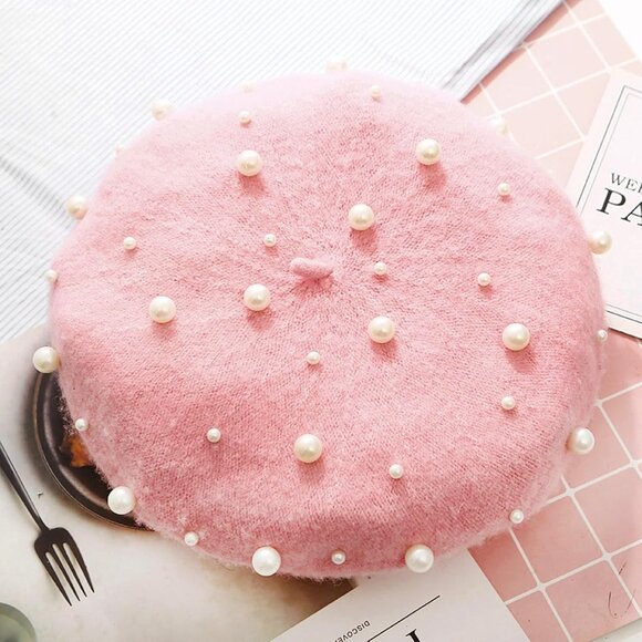 Women Pearl Beret Soft Wool Beanie Elegant French Artist Style Cap - Picture 7 of 7